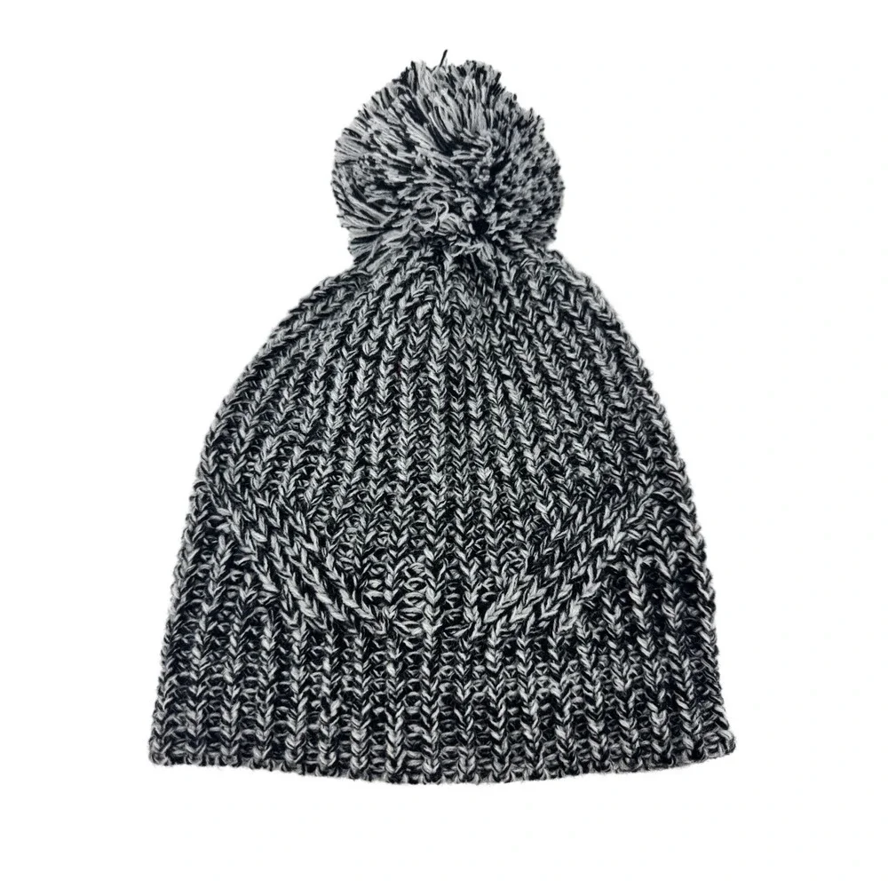 Rebecca Minkoff Black White Marled Knit Pom‎ Pom Beanie Hat